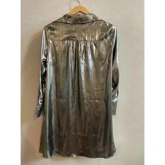 Urban Outfitters Metallic Silver Satin Shirt Mini Dress Button Down Midnight S - Picture 3 of 11